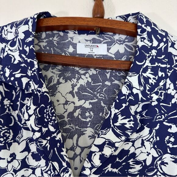 Untuckit Camille Dress Woman’s 14 Blue White Floral Print Button Front Pockets - Picture 6 of 13